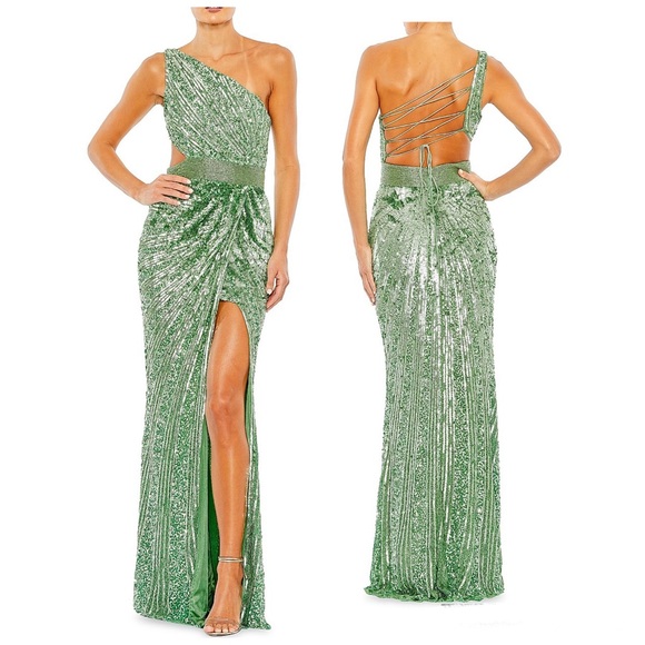NEW MAC DUGGAL Green Sequined One Shoulder Sleeveless Draped Lace Up Gown sz 8 - Picture 1 of 13